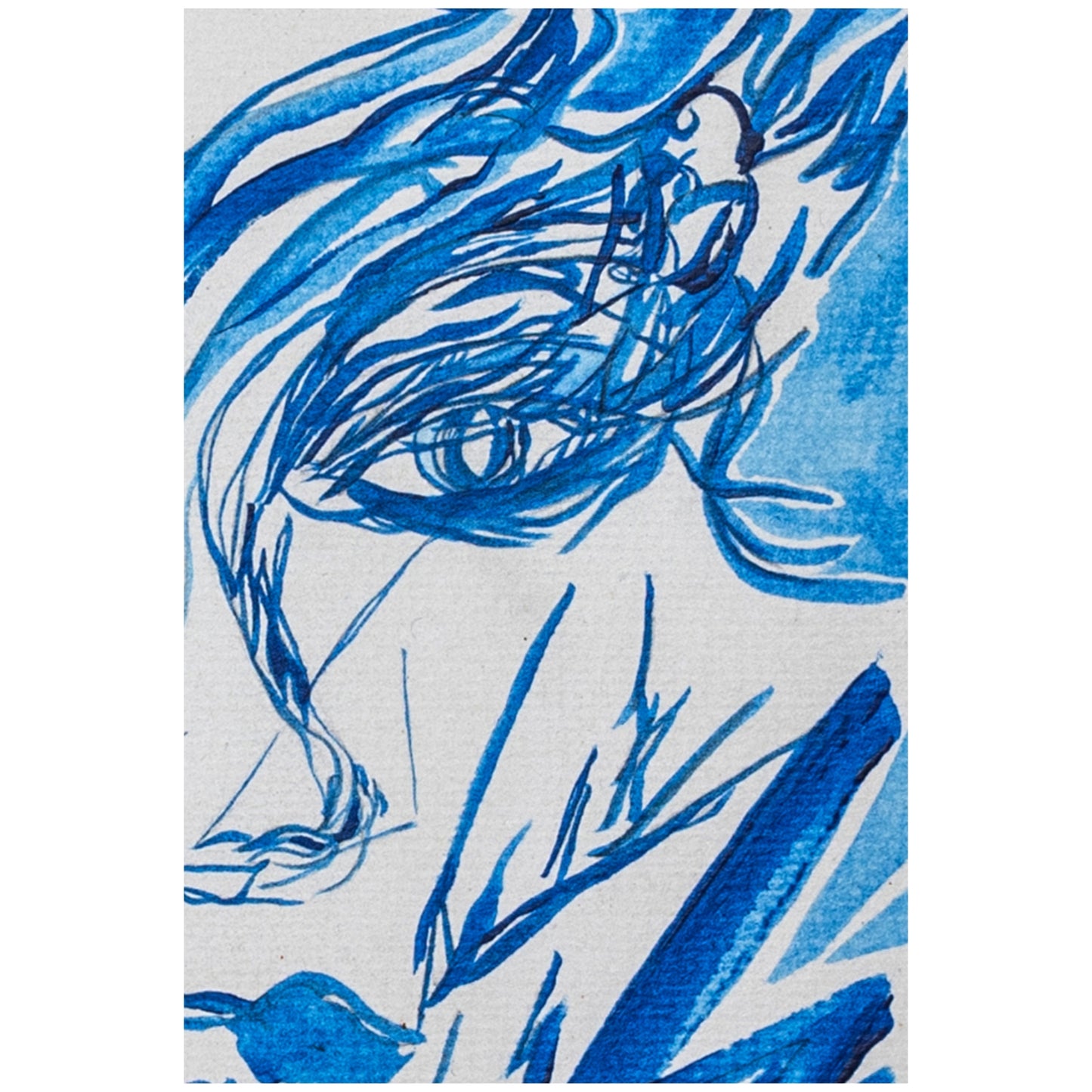 Close-up detail of expressive blue brushstrokes and texture from original painting.