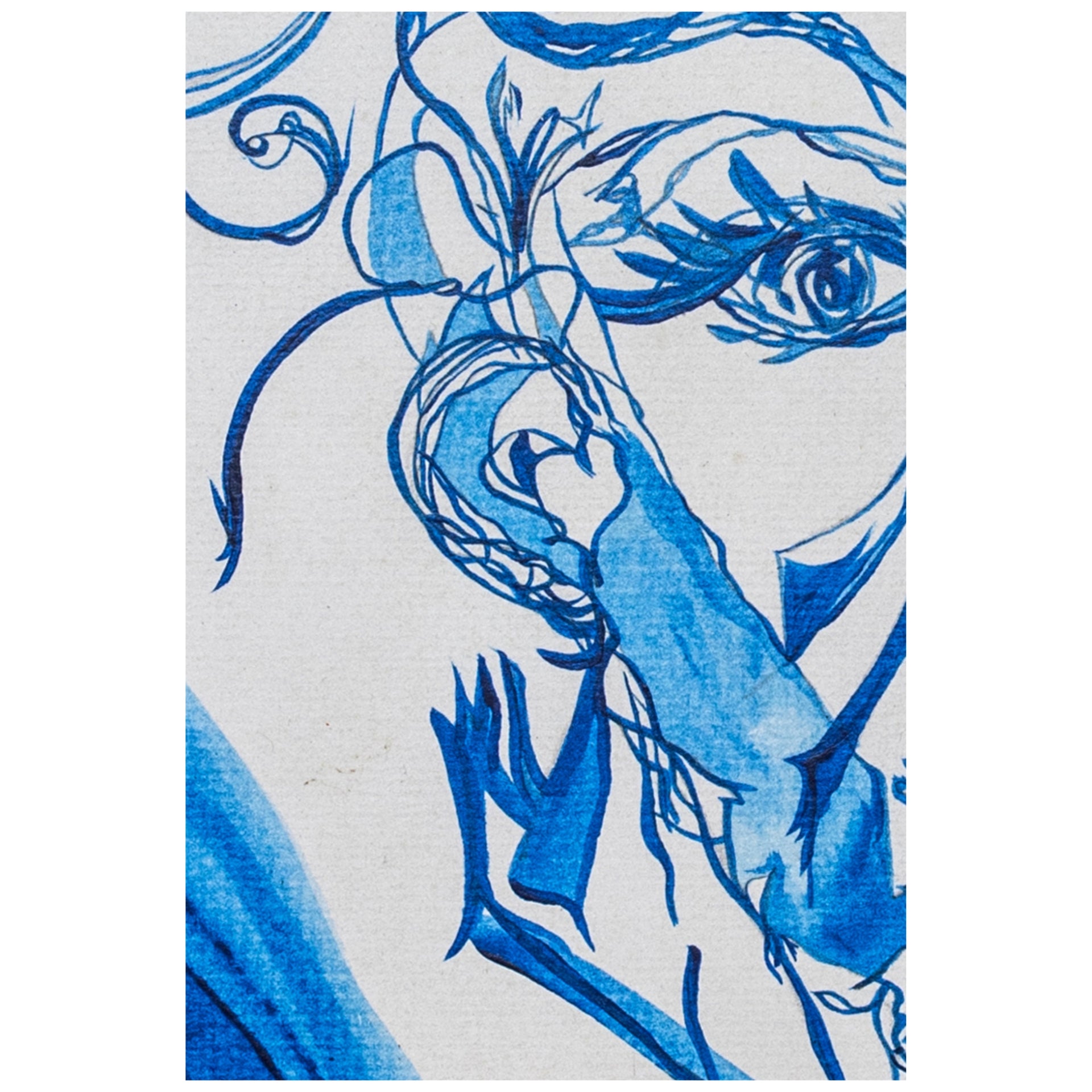 Close-up detail of expressive blue brush strokes and linework from 'The Lady in the Mirror'.