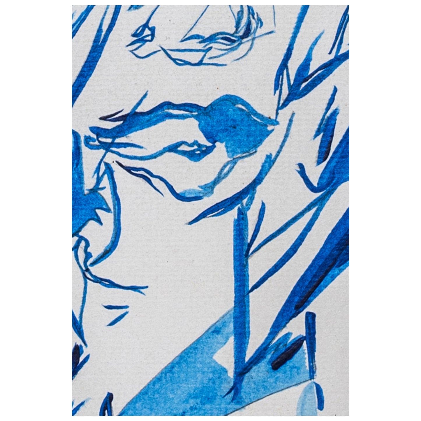 Close-up detail of expressive blue brush strokes and linework from 'The Lady in the Mirror'.