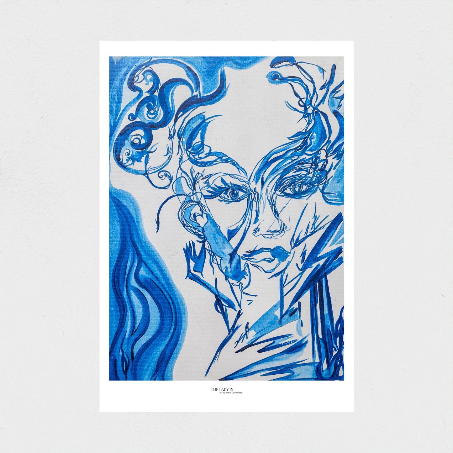 'The Lady in the Mirror' — fine art print — blue minimalist portrait illustration — unframed version.